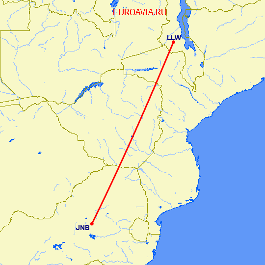 перелет Lilongwe — Йоханнесбург на карте