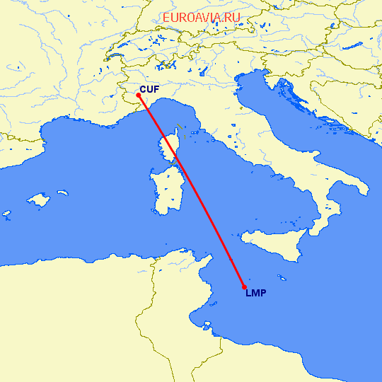 перелет Lampedusa — Кунео на карте