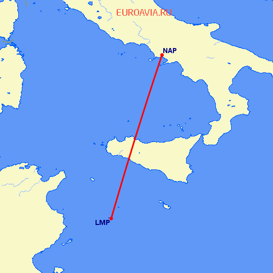 перелет Lampedusa — Неаполь на карте