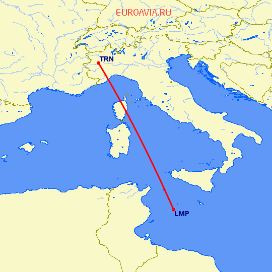 перелет Lampedusa — Турин на карте