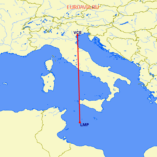 перелет Lampedusa — Венеция на карте