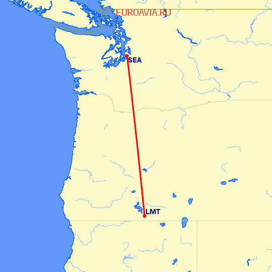 перелет Кламмат Фоллз — Сиэтл на карте