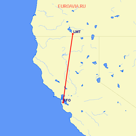 перелет Кламмат Фоллз — Сан Франциско на карте