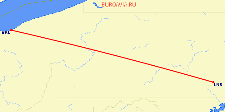 перелет Ланкастер — Cleveland на карте
