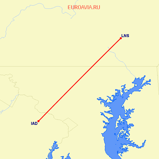 перелет Ланкастер — Вашингтон на карте