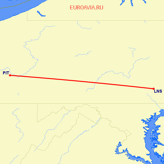 перелет Ланкастер — Питтсбург на карте