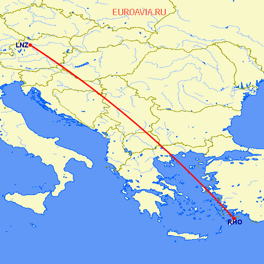 перелет Линц — Родос на карте