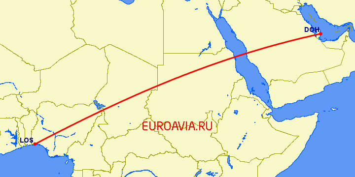 перелет Лагос — Доха на карте