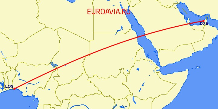 перелет Лагос — Дубай на карте