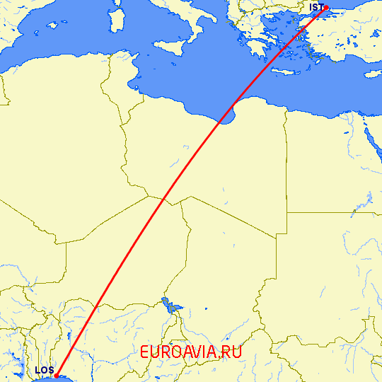 перелет Лагос — Стамбул на карте