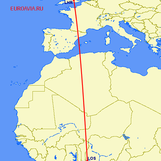 перелет Лагос — Лондон на карте
