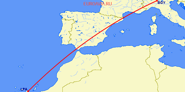перелет Лас Пальмас — Бергамо на карте