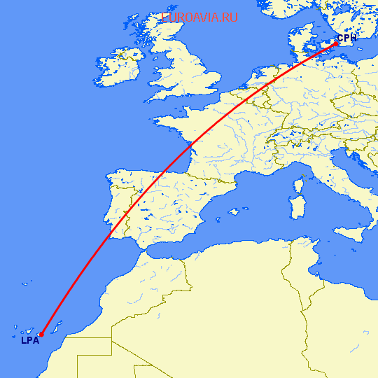 перелет Лас Пальмас — Копенгаген на карте