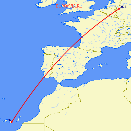 перелет Лас Пальмас — Дюссельдорф на карте