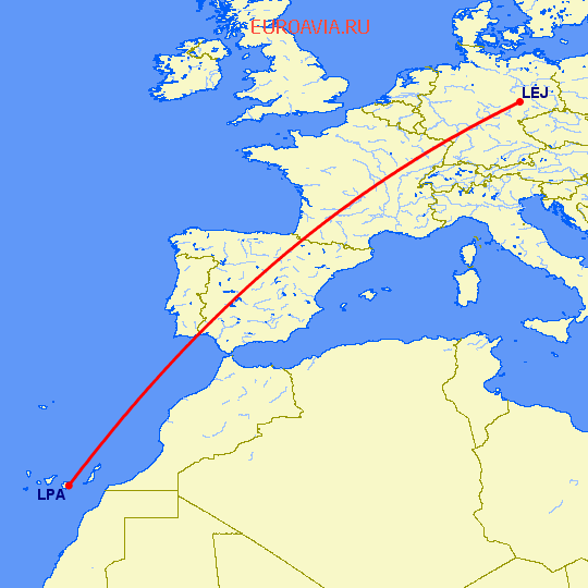 перелет Лас Пальмас — Лейпциг Галле на карте
