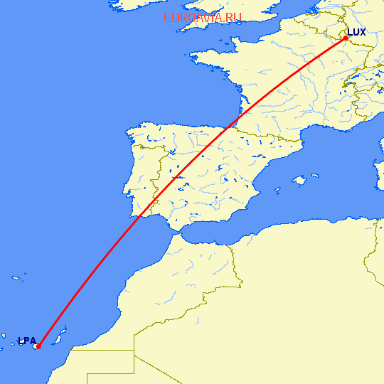 перелет Лас Пальмас — Люксембург на карте