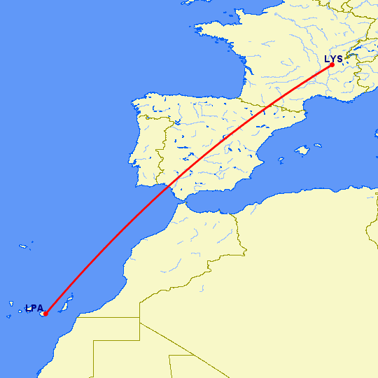 перелет Лас Пальмас — Лион на карте