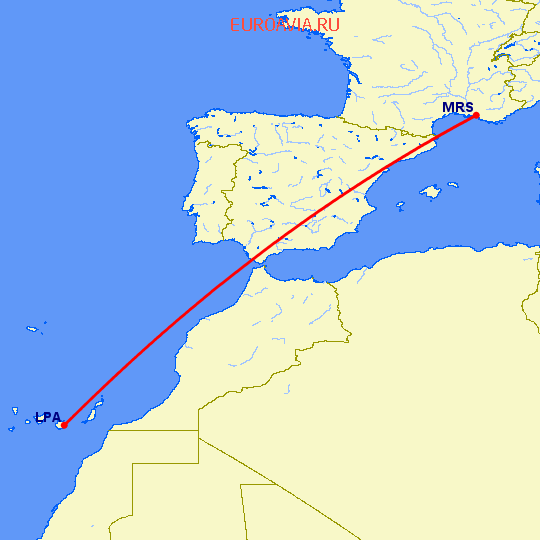 перелет Лас Пальмас — Марсель на карте