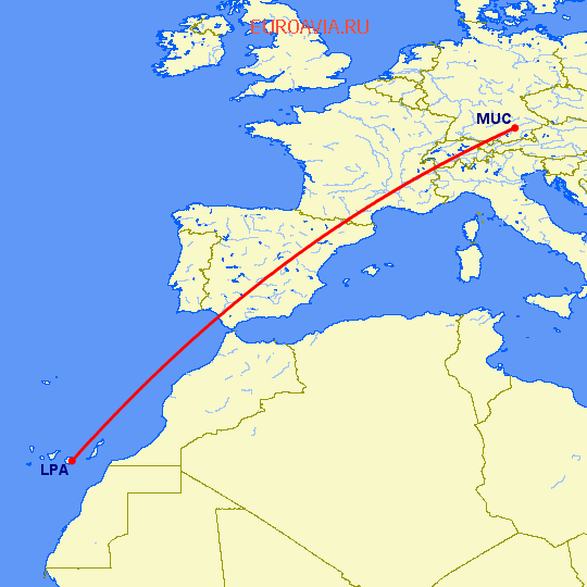перелет Лас Пальмас — Мюнхен на карте