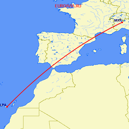 перелет Лас Пальмас — Милан на карте