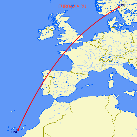 перелет Лас Пальмас — Осло на карте