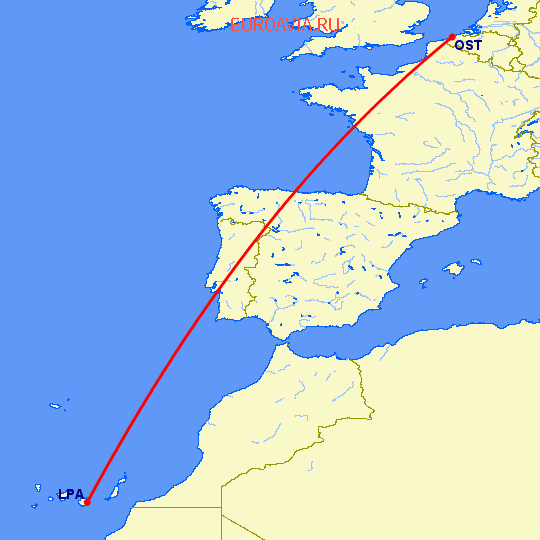 перелет Лас Пальмас — Ostend на карте