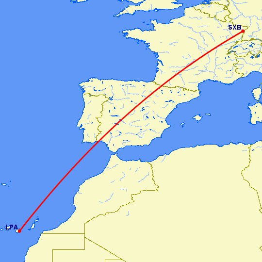 перелет Лас Пальмас — Страсбург на карте
