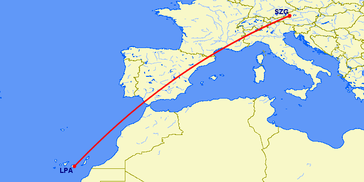 перелет Лас Пальмас — Зальцбург на карте