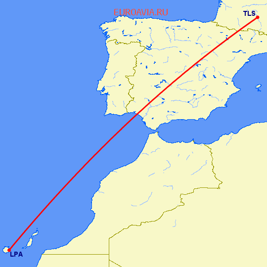 перелет Лас Пальмас — Тулуза на карте