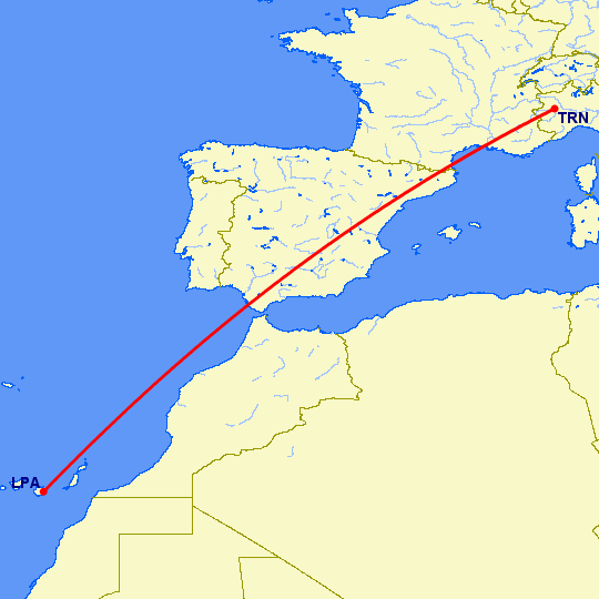 перелет Лас Пальмас — Турин на карте
