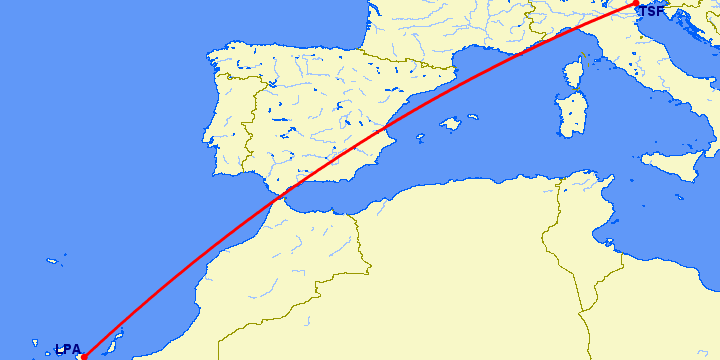 перелет Лас Пальмас — Тревисо на карте