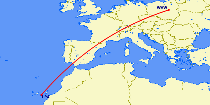 перелет Лас Пальмас — Варшава на карте