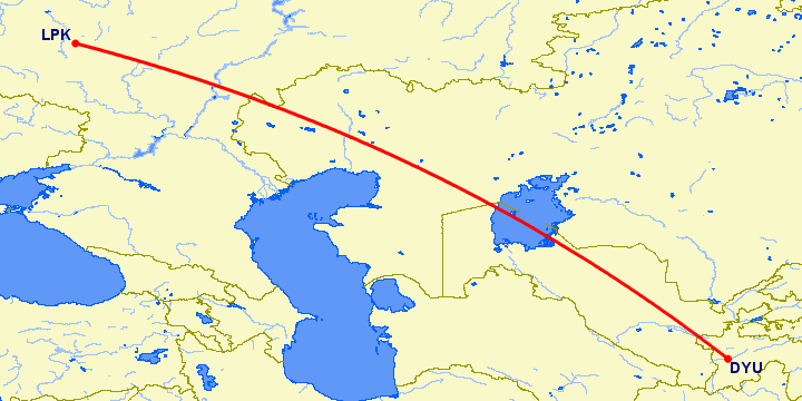 перелет Липецк — Душанбе на карте