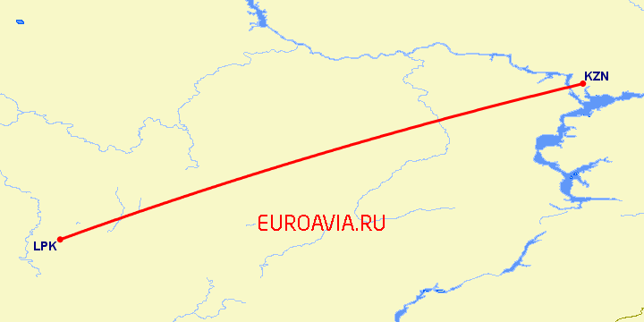 перелет Липецк — Казань на карте
