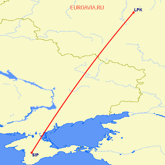 перелет Липецк — Симферополь на карте