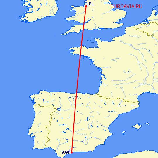 перелет Ливерпуль — Малага на карте
