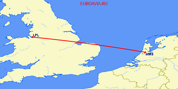 перелет Ливерпуль — Амстердам на карте