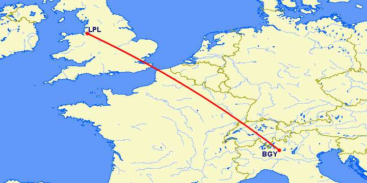 перелет Ливерпуль — Бергамо на карте