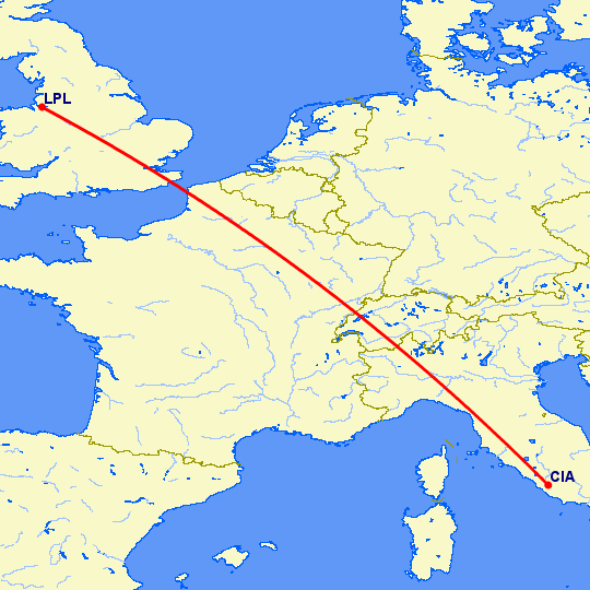 перелет Ливерпуль — Рим на карте