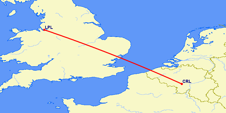 перелет Ливерпуль — Шарлеруа на карте