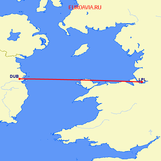 перелет Ливерпуль — Дублин на карте