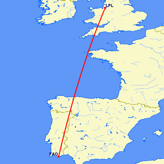 перелет Ливерпуль — Фару на карте