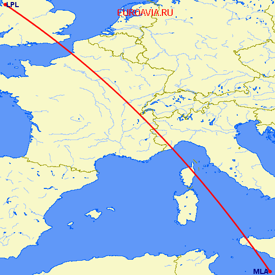 перелет Ливерпуль — Мальта на карте