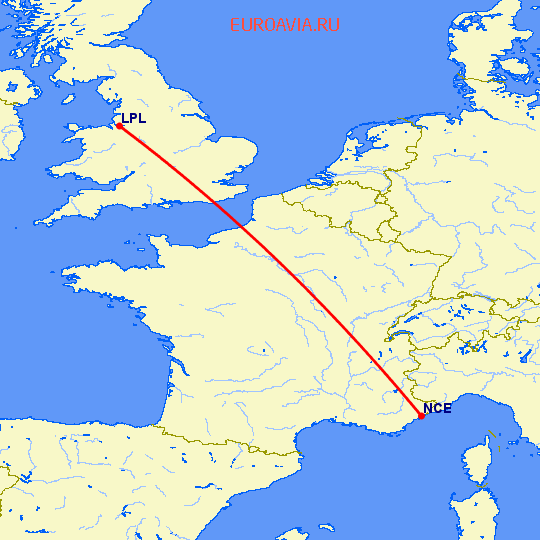 перелет Ливерпуль — Ницца на карте