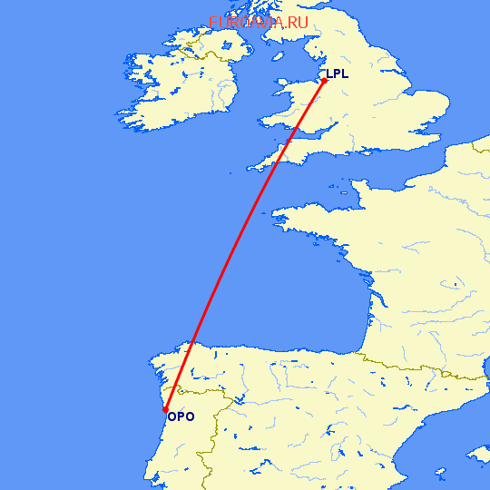 перелет Ливерпуль — Порту на карте