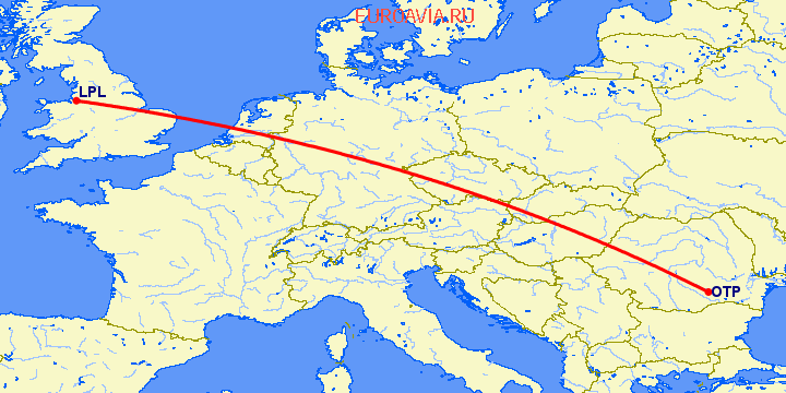 перелет Ливерпуль — Бухарест на карте