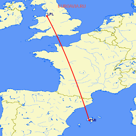 перелет Ливерпуль — Пальма де Майорка на карте