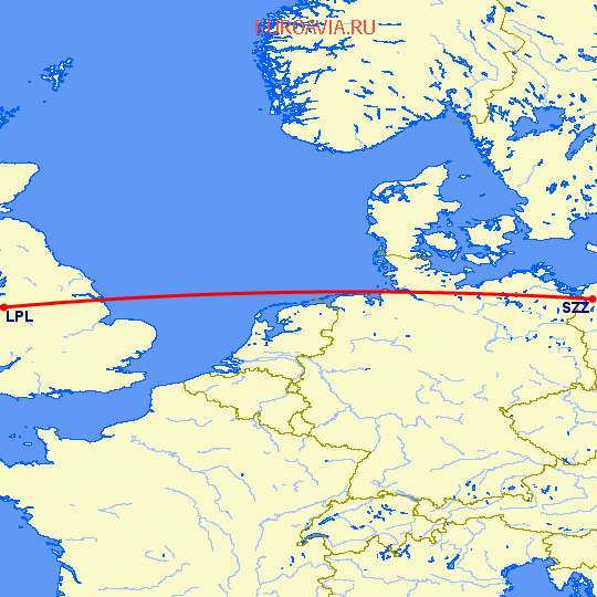 перелет Ливерпуль — Щецин на карте