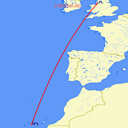 перелет Ливерпуль — Тенерифе на карте