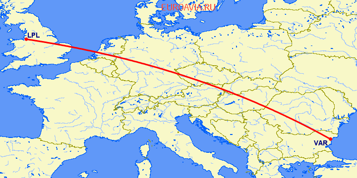 перелет Ливерпуль — Варна на карте